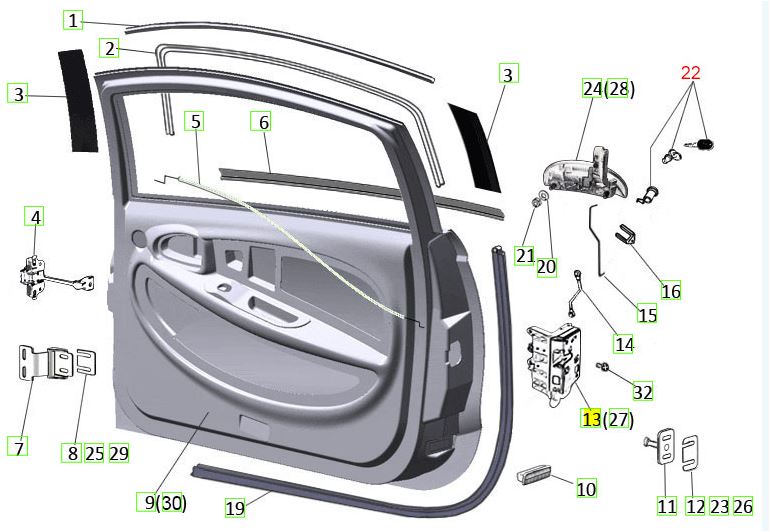 Schéma Serrure de porte Gauche Casalini M14, M20, 550 Gransport et 550 Trofeo